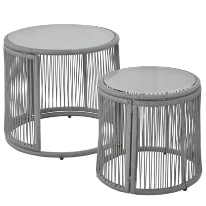 Gartenlounge-Set, Gartenmöbel-Set, Mit Eisenrahmen und grauem Seil, Gartenmöbel aus gewebtem Seil für den Außenbereich, Grau, Zwei Sessel, zwei 2-Sitzer-Sofas und zwei Tische (alle Kissen inklusive)