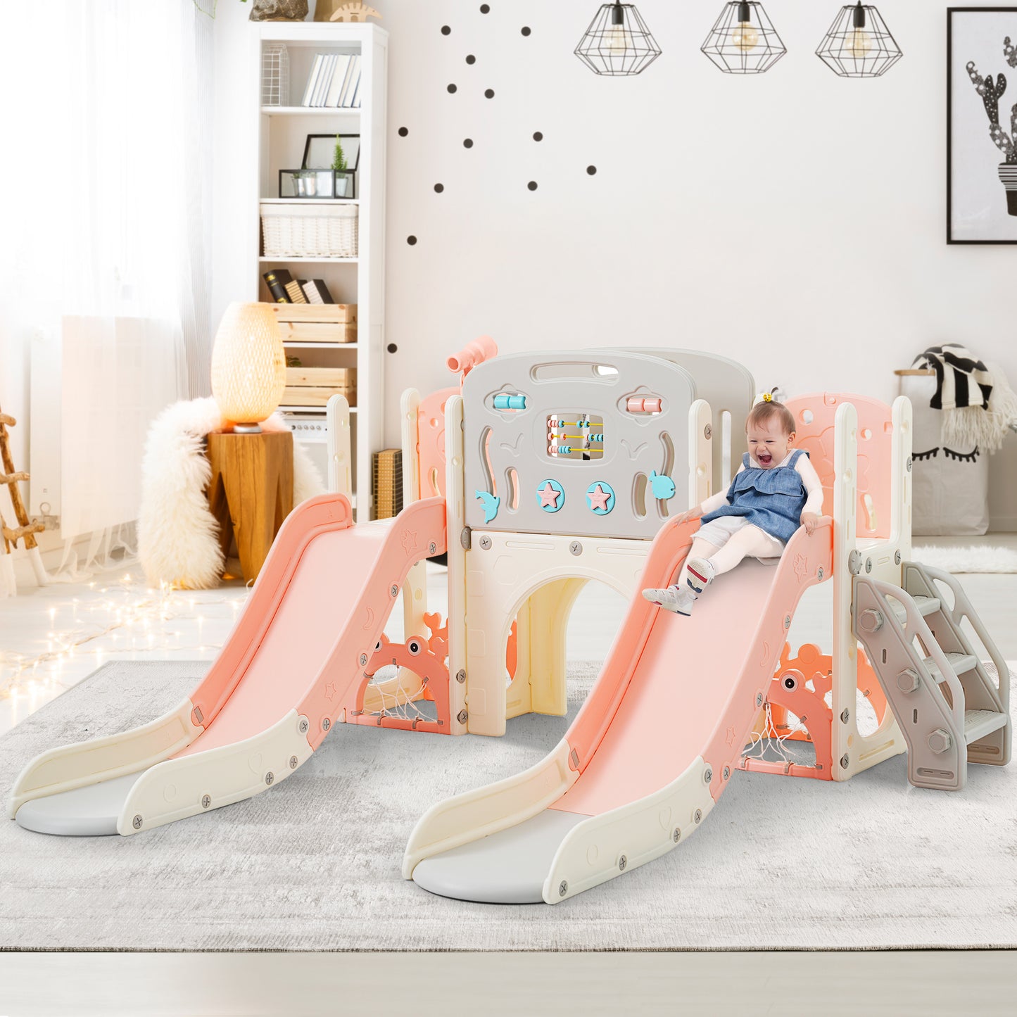 Kinderspielplatz-Set 8-in-1, Freistehendes Meerestier-Motiv-Set mit Rutsche, Bogentunnel, Basketballkorb und Teleskop, Doppelte Rutschen für Kleinkinder, Klettergerüst für Kinder
