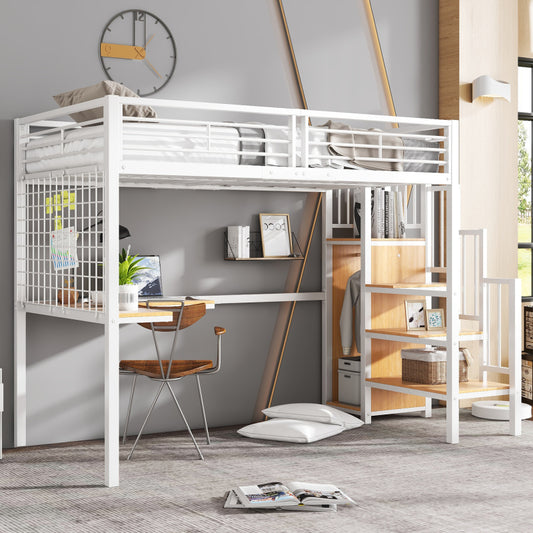 Eisenbett, Etagenbett, Hochbett, Geeignet für Kinder und Jugendliche, mit Tisch und Kleiderschrank, Seitenleiter mit Handlauf, Eisen+Spanplatte, Weiß+Natur, 90x200cm