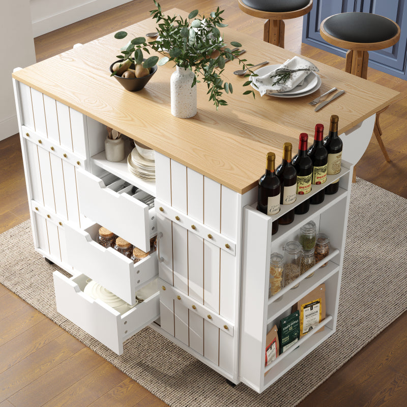 Küchenschrank, Servierwagen mit Holzmaserung, Küchenwagen mit rollen und arbeitsplatte, Küchenwagen mit Gewürzregal und Handtuchhalter, Kücheninsel mit Schiebetüren und Schubladen, weiß