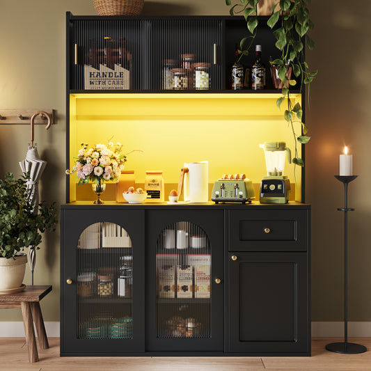 Küchenschrank, Esszimmerschrank, Sideboard mit LED-Beleuchtung, schwarz