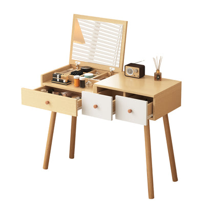 Schminktisch, Kosmetiktisch Mit Spiegel, Schminktisch aus Holz Mit Schubladen, geteilter Stauraum, große Lagerkapazität - Maße:B100/H78/T40 cm(ohne Hocker)(OLD SKU: WF319875AAW)