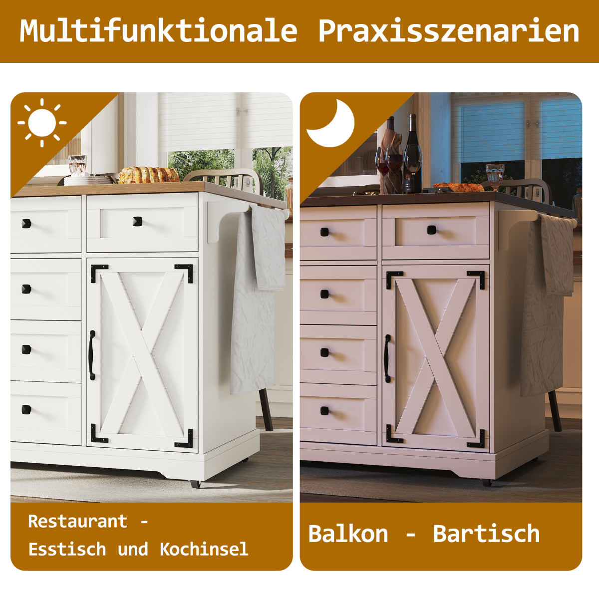Kücheninsel 147cm klappbar Servierwagen Weiß & Holzoptik, Multifunktionaler Esstisch & Buffetschrank, Mobiler Küchenwagen mit Stauraum