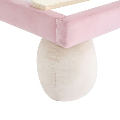 Polsterbett mit mehrfarbigen, wechselnden LED Lichtstreifen, Kopfteil mit Wellenschliff, mit gepolsterter runden Beine, Kinderbett mit Holzlatten, Einzelbett, Samt, Beige+Rosa, 90x200cm