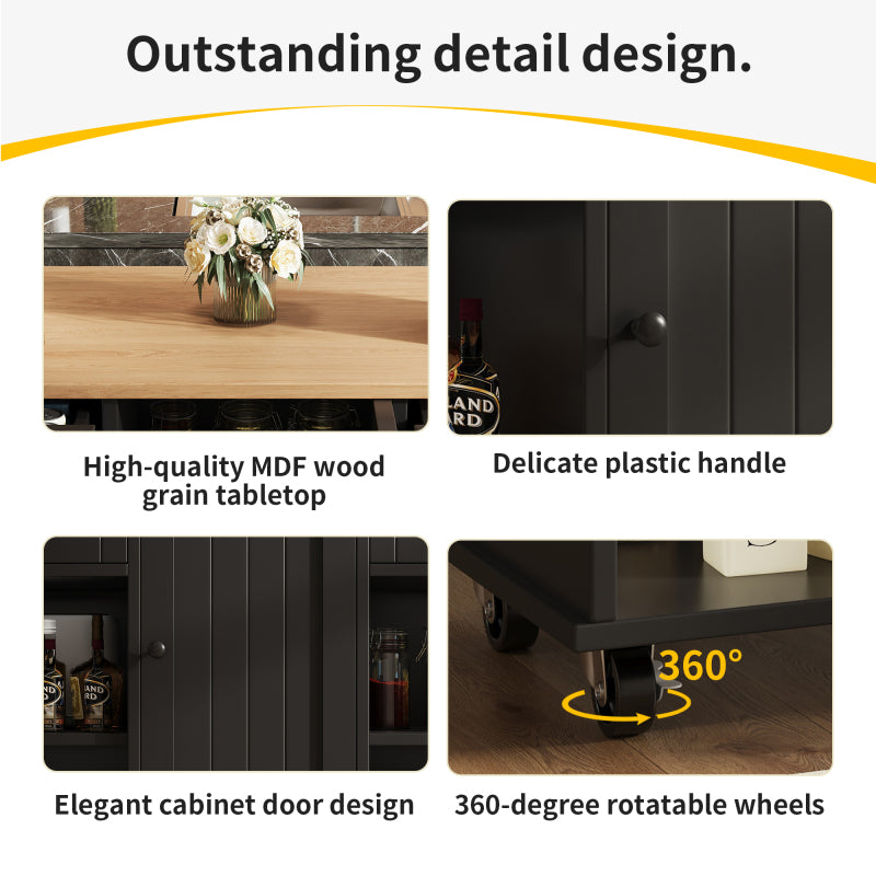 Moderne Kücheninsel (127×46×91,5cm) Küchenschrank Essschrank mit Holzmaserung Esswagen mit multifunktionalem Stauraum und herausnehmbaren Trennwänden, schwarz