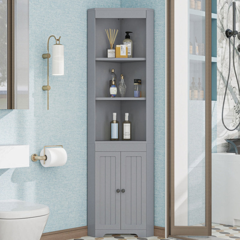 Badezimmer-Hochschrank, Drei offene Ablagefächer, Feuchtigkeitsgeschützte Flügeltüren, Verschiebbare Einlegeböden, Schlichte Form, grau