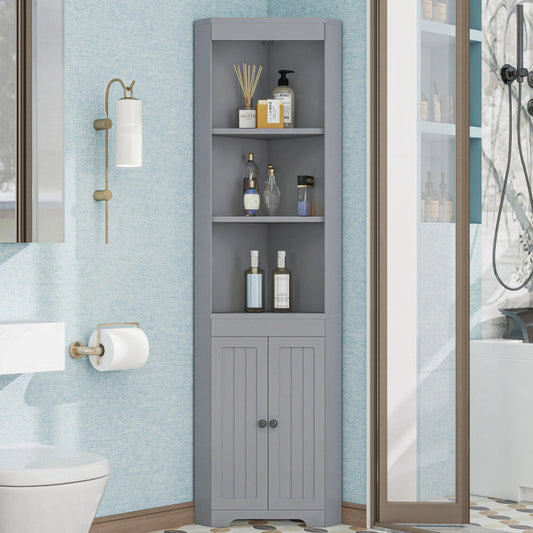 Badezimmer-Hochschrank, Drei offene Ablagefächer, Feuchtigkeitsgeschützte Flügeltüren, Verschiebbare Einlegeböden, Schlichte Form, grau