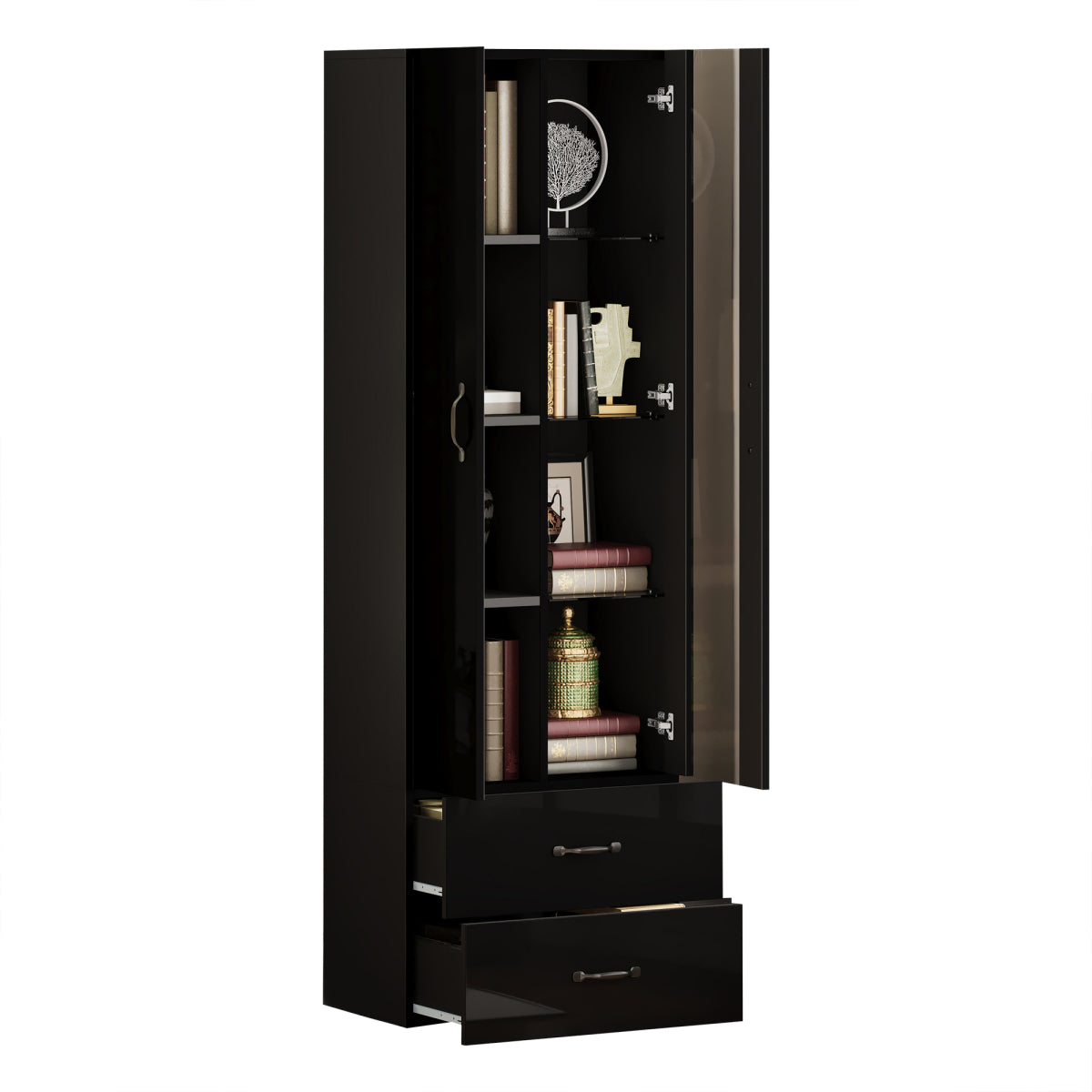 Schwarze LED-Vitrine mit 2 Glastüren - Standvitrine inkl. Beleuchtung, Freistehender Schrank für Wohnzimmer, Buffetschrank & Sammlervitrine, Schwarz