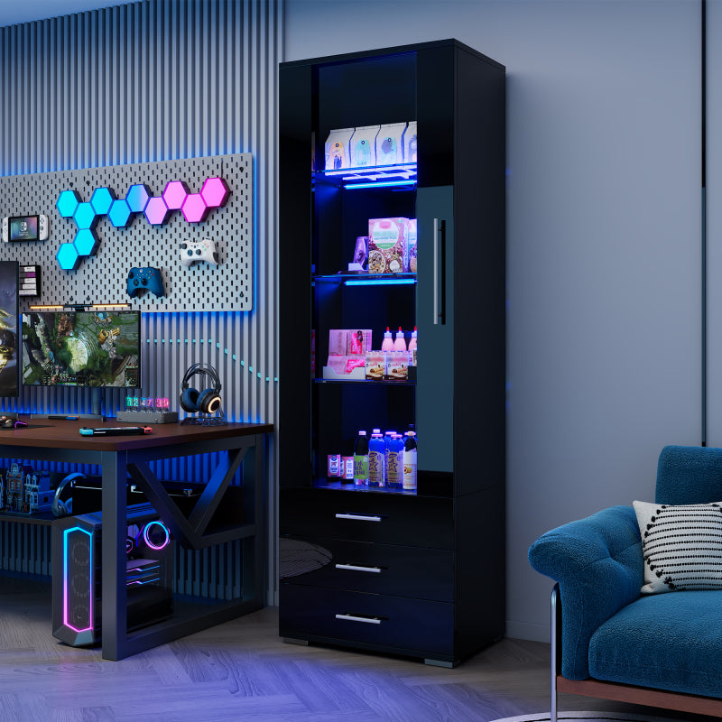 Schwarz Hochglanz Vitrine, Vitrine Glasvitrine , Standvitrine mit LED-Beleuchtung, Vertikale Vitrine mit 3 Schubladen, 60*35*180cm