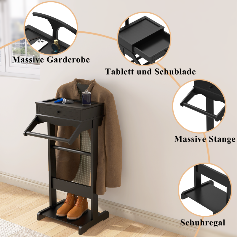 Schwarzer tragbarer Kleiderständer mit Schublade, Kleiderständer mit Lagerregal, Schwarz