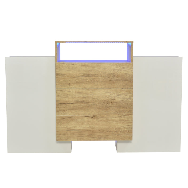 Sideboard, Moderner Kommode, Schrank 140cm, Hochglanz-Weiß und Holzfarbe, Mehrfarbige LED-Lichteffekte. Stilvolle Aufbewahrungslösung (Teilweise glänzende Oberfläche)