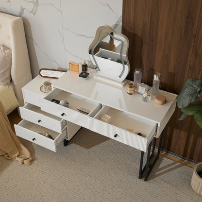 Schminktisch, Kosmetiktisch-Set mit Spiegel und Beleuchtung, ausziehbare Tischplatte, 3-farbige LED-Beleuchtung, Maße: B100/H76/T40 cm (ohne Hocker)