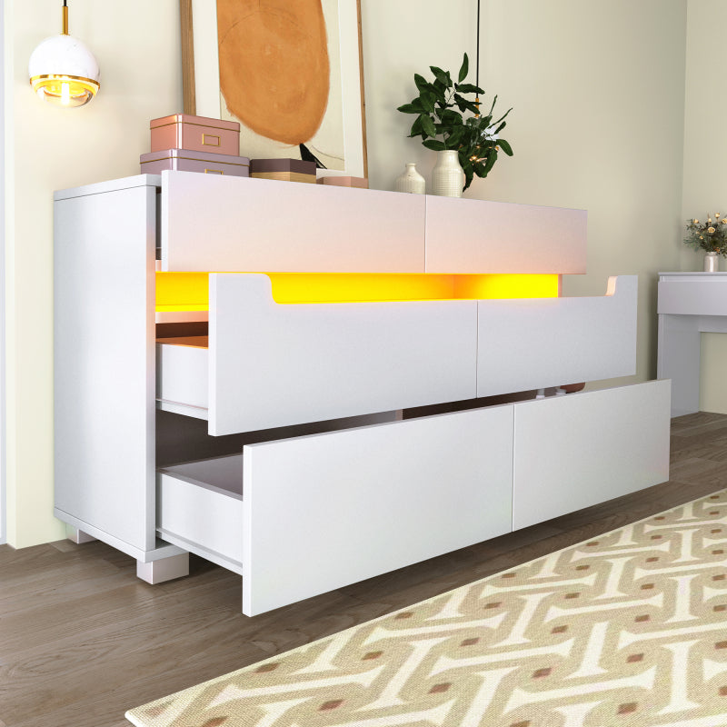 Kommode, Sideboard Holz mit 6 Schubladen, LED Beleuchtung (App Control), Mehrzweckschrank für Wohnzimmer und Schlafzimmer, 71 x 120 x 40 cm, Weiß