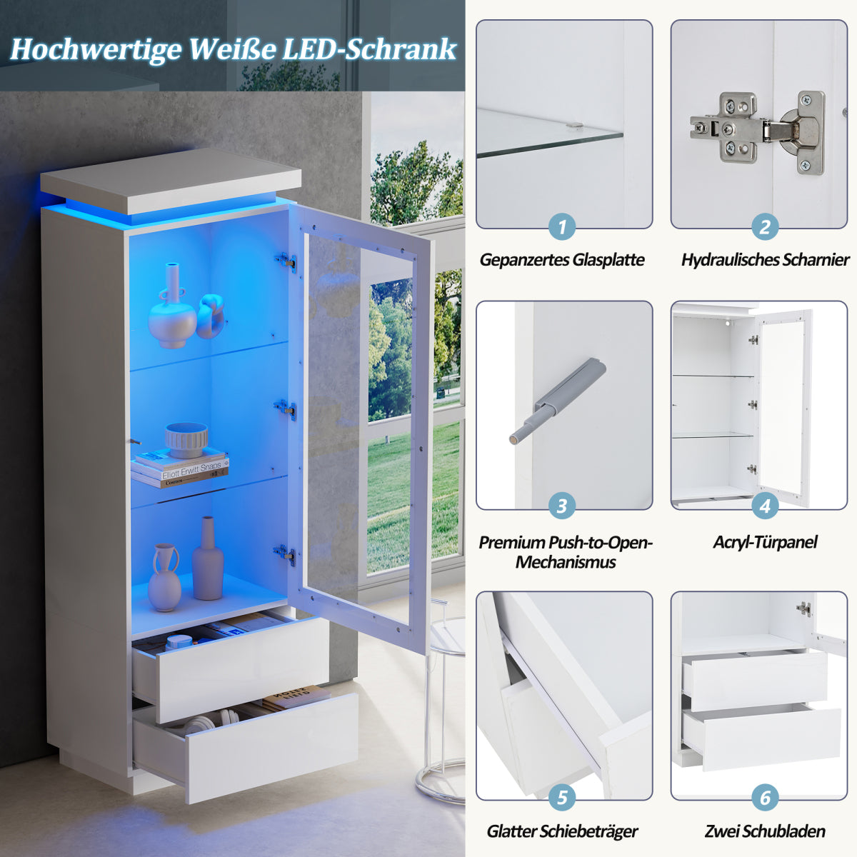 Weiß Hochglanz Vitrine 60x40x171cm mit App-LED & 2 Schubladen, Glasvitrine Hochschrank mit Acryltür, Standregal Wohnzimmerschrank