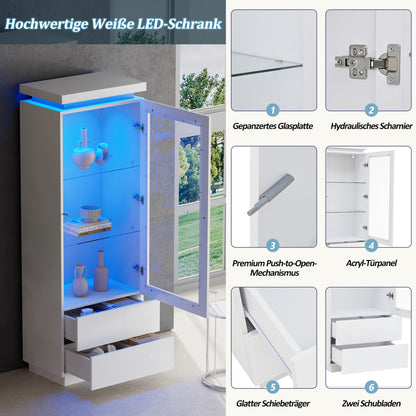 Weiß Hochglanz Vitrine 60x40x171cm mit App-LED & 2 Schubladen, Glasvitrine Hochschrank mit Acryltür, Standregal Wohnzimmerschrank