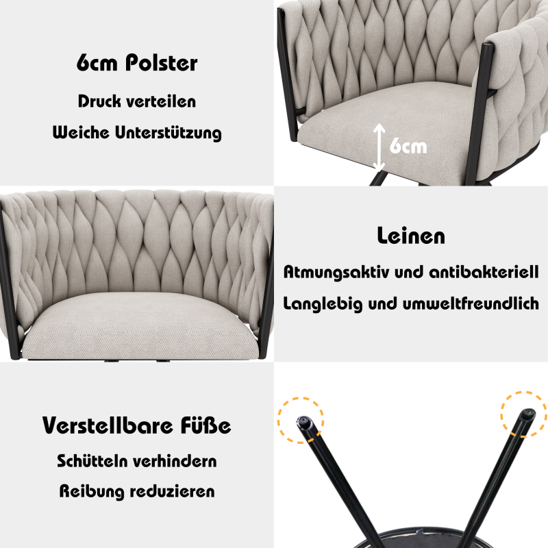 Leinen-Esszimmerstuhl, 2er set, Freizeit-Drehstuhl mit vier Stützbeinen aus Metall,Leinen beige und schwarz