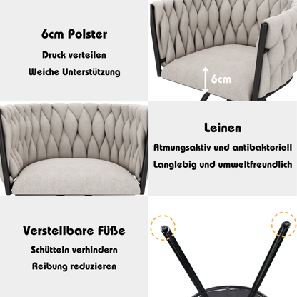 Leinen-Esszimmerstuhl, 2er set, Freizeit-Drehstuhl mit vier Stützbeinen aus Metall,Leinen beige und schwarz