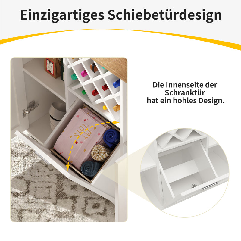 Kücheninsel mit herausnehmbaren Trennwänden, Küchenschrank, Esszimmerwagen mit Arbeitsplatte, Buffetschrank, Esszimmerwagen mit Holzmaserung, seitlicher Handtuchhalter mit Flaschenhalter, weiß