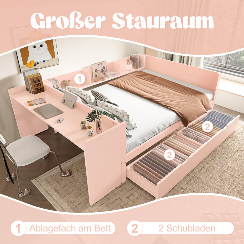Flachbett, Holzbett, 140x200cm, mit Schreibtisch, ausgestattet mit 2 Schubladen, Doppelbett(Ohne Matratze), mit Regalen, Kiefer + Spanplatte, Rosa