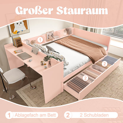 Flachbett, Holzbett, 140x200cm, mit Schreibtisch, ausgestattet mit 2 Schubladen, Doppelbett(Ohne Matratze), mit Regalen, Kiefer + Spanplatte, Rosa