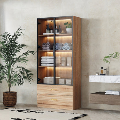 Badezimmerschrank, mittel, mit Lichtleiste, 75 cm breit, mit 2 großen Schubladen und 2 Türen, Glastür