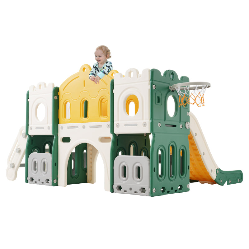 Mein kleines Schloss-Slide Kletterspielzeug für Kinder, 6 in 1 Kinderrutsche, Klettern, Bohrspiel, Stauraum, Spielgang, Basketballrahmen. Hergestellt aus HDPE (Enthält keine Meereskugeln)
