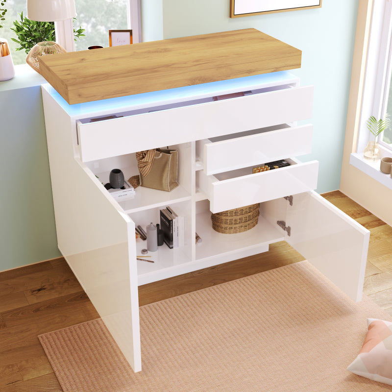 Kommode, Hochglanz Sideboard mit 2 Türen und 3 Schubladen, LED Beleuchtung (App Control), Mehrzweckschrank für Wohnzimmer und Schlafzimmer, 115 x 110 x 39 cm, Weiß