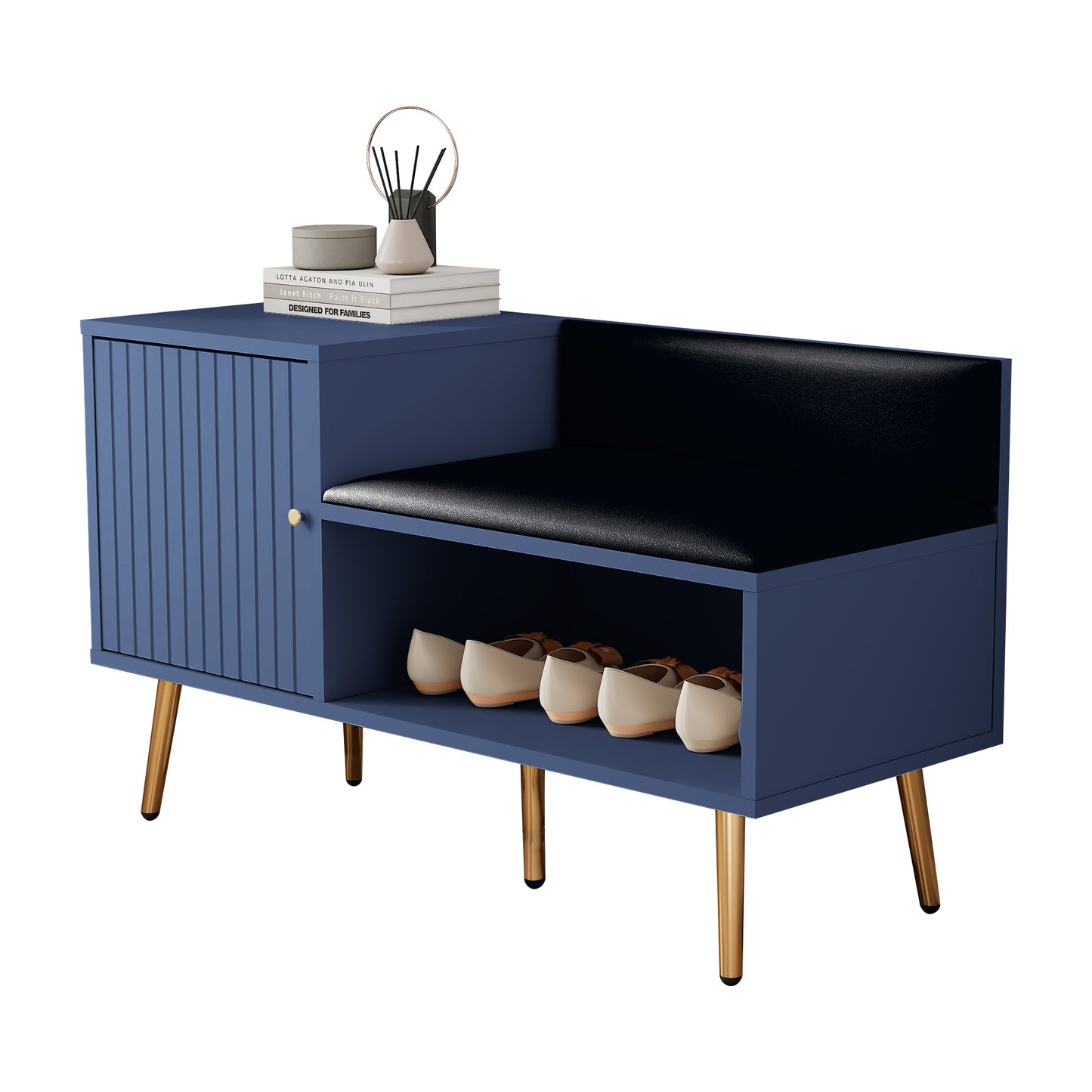 Moderne luxuriöse Schuhtruhe in Blau mit Stauraum, gepolsterter Sitzbank und Rückenlehne, Perfekt für den Eingangsbereich