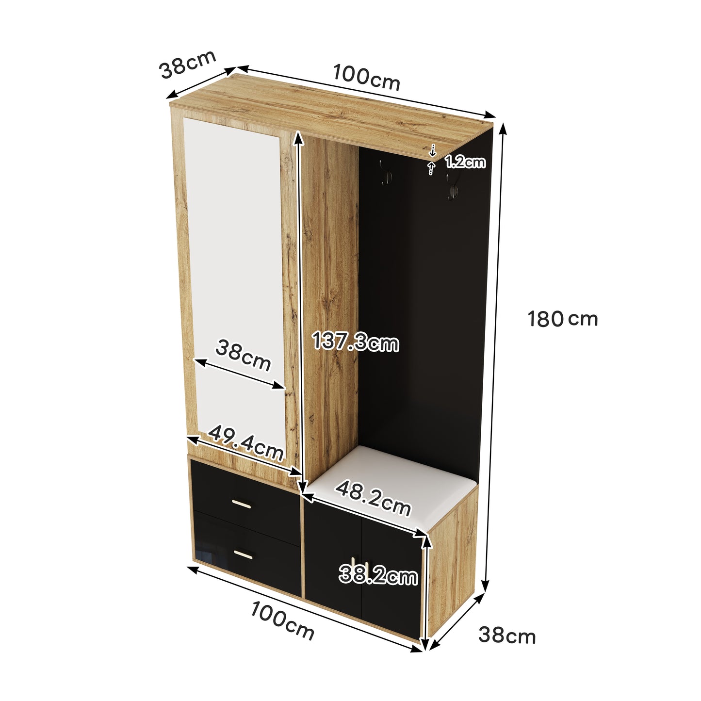 Elegantes Kleiderschrank Set in Schwarz und Holzfarbe mit Spiegel, Schuhschrank, Schuhbank mit Haken und ausziehbaren Kleiderbügeln.