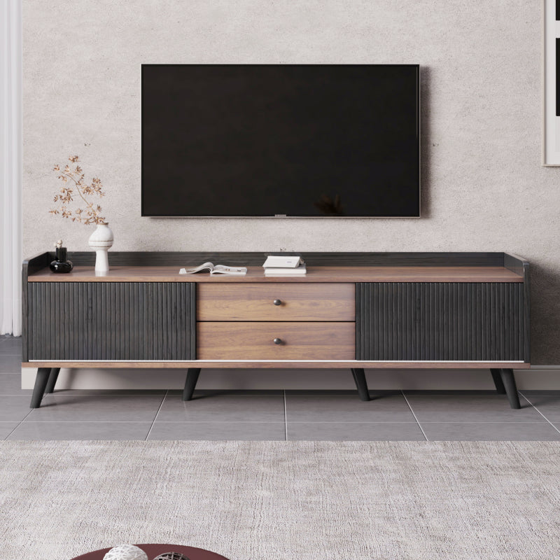 TV-Schrank mit zwei Schubladen, Fernsehtisch TV Board, TV- Lowboard niedrige Platte mit zwei Schiebetüren. Exquisite Textur. Schwarz und natürliches Holzfarbe. H58/L160/T40 cm