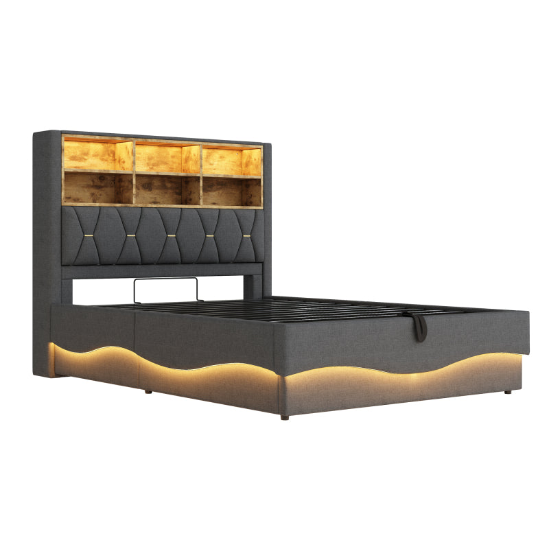 Polsterbett 140×200  mit hydraulischem Stauraum APP-gesteuertes LED-Lichtband USB-Ladeanschluss Metall-Lattenrost Leinenpolsterung Grau