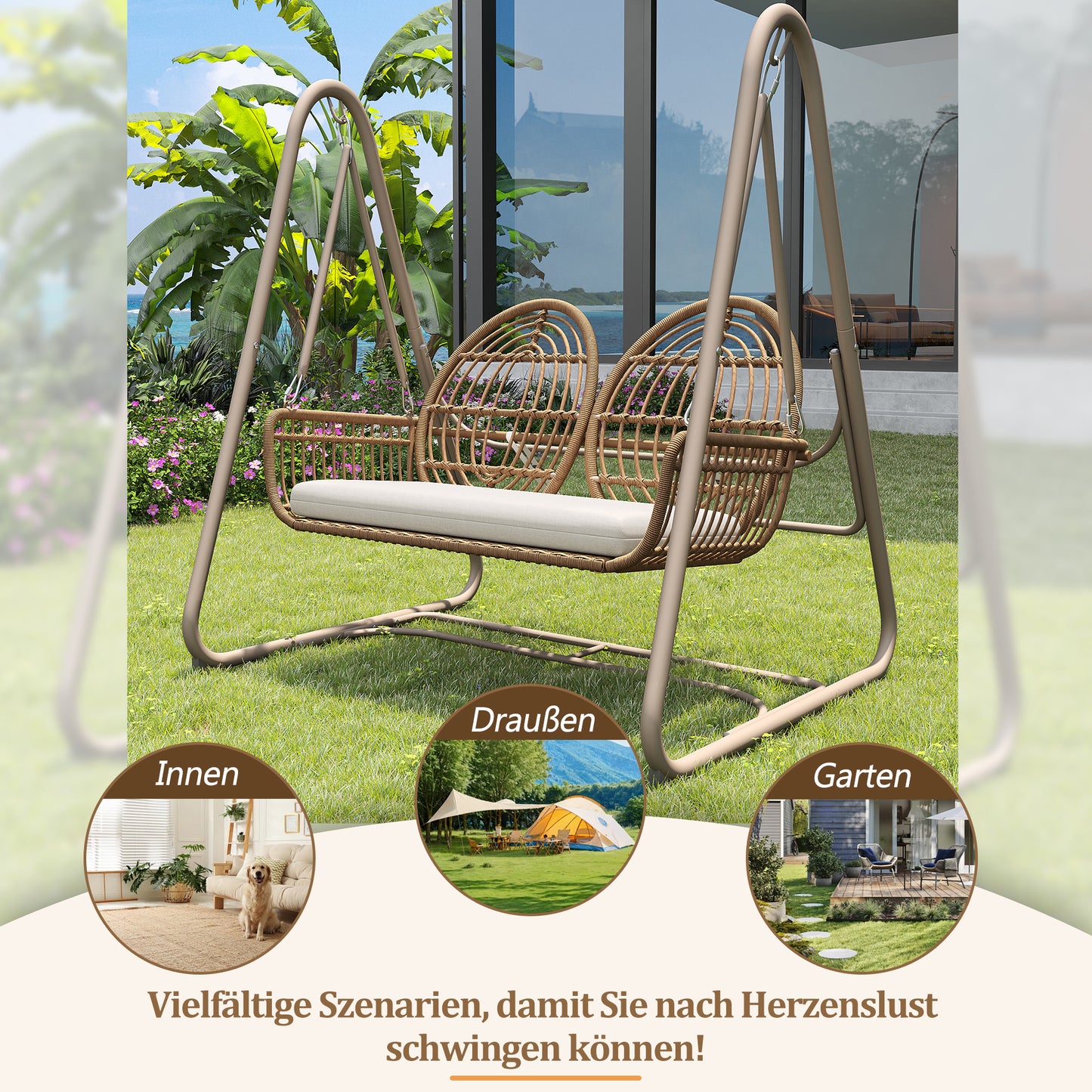 Gartenschaukel, Hollywoodschaukel mit Rückenlehne, Gartenmöbel-Set für den Außenbereich,Doppelschaukel aus PE-Rattan, 2 Sitze, Brauner Sitzrahmen und beiges Kissen