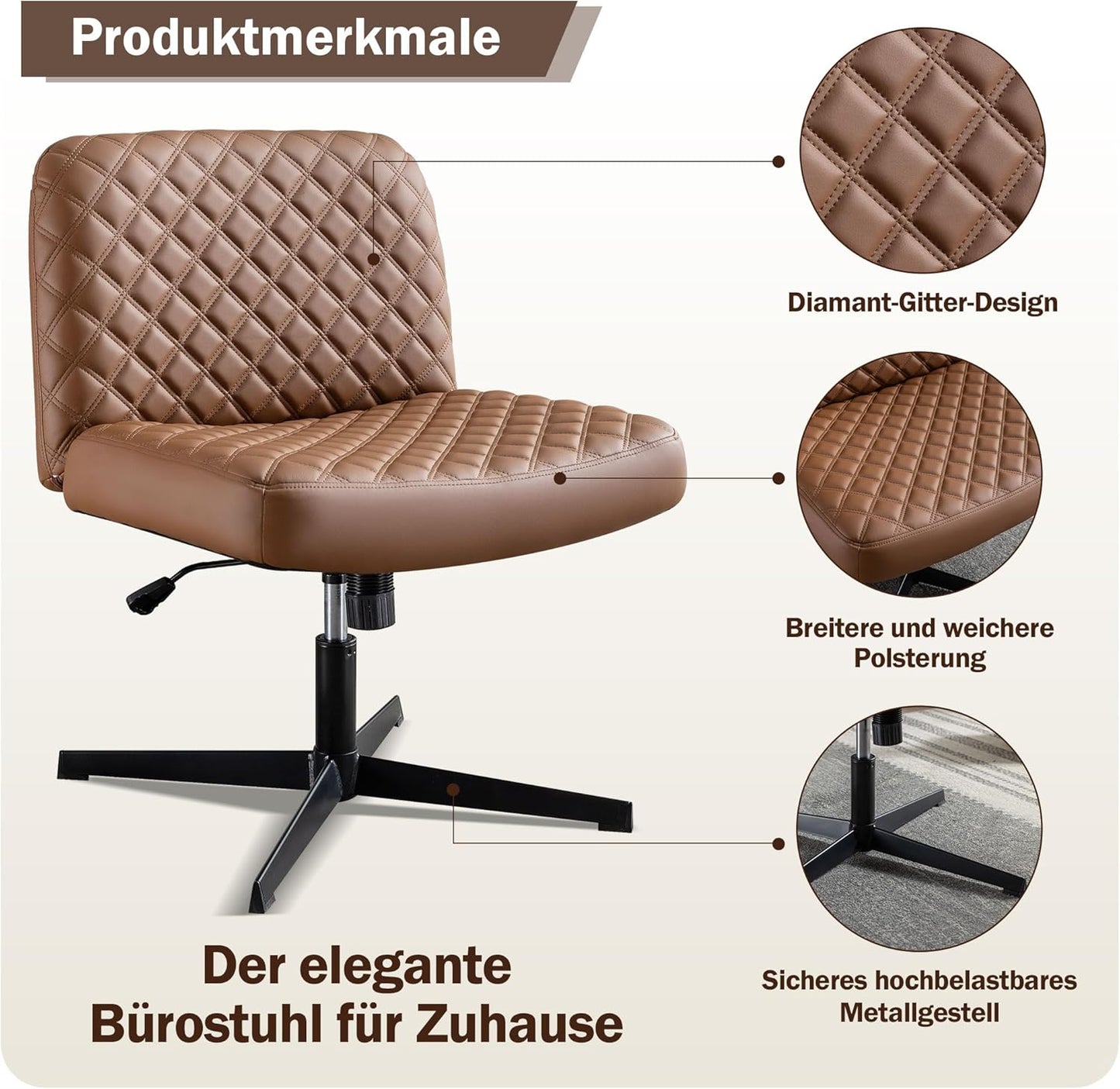 Bürostuhl Ohne Armlehnen,Home Office Stuhl Keine Räder,Heavy Duty Metallbasis,120°Schaukelnder breiter Sitz Ergonomischer Stuhl, Dicken gepolsterte Dreh Eitelkeit Stuhl für Heim und Büro Brown+PU+Metal