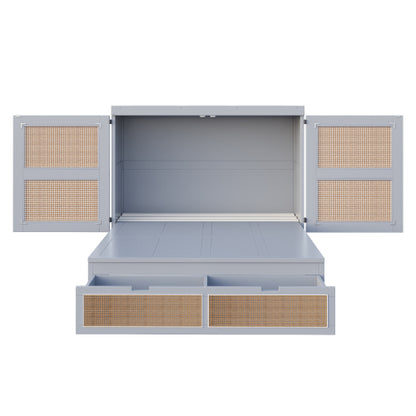 Schrankbett 140 x 200 cm, Wandbett mit Lattenrost, Wandklappbett, Rattan-Design, Holzbetten, Jugendbetten, Einzelbetten, Grau