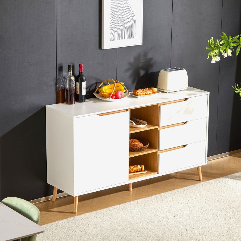 Modernes weißes Sideboard mit Einlegeböden, 3 Schubladen und offenem Stauraum, mit Kippschutz-Design – geeignet für Küche, Esszimmer und Wohnzimmer