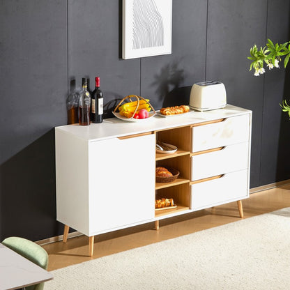 Modernes weißes Sideboard mit Einlegeböden, 3 Schubladen und offenem Stauraum, mit Kippschutz-Design – geeignet für Küche, Esszimmer und Wohnzimmer
