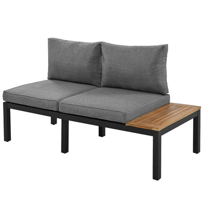 Garten-Lounge-Set (2 Zweisitzer, 2 Beistelltische, 1 Tisch), Tischplatte aus massiver Akazie, Stoffbezug für Rückenlehne, grau(previous sku:HW00005AAE)