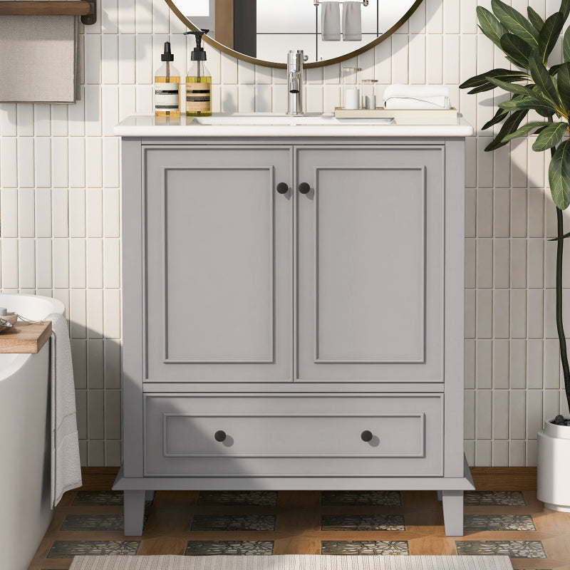 76x46x87cm Bodenstehender Badezimmerschrank mit Waschbeck, Waschtisch,Beine aus Massivholz, MDF-Material, feuchtigkeits- und wasserdicht, großer Stauraum, integriertes Keramikwaschbecken, Grau