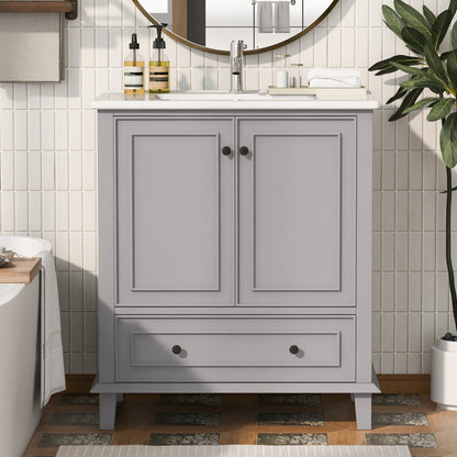 76x46x87cm Bodenstehender Badezimmerschrank mit Waschbeck, Waschtisch,Beine aus Massivholz, MDF-Material, feuchtigkeits- und wasserdicht, großer Stauraum, integriertes Keramikwaschbecken, Grau