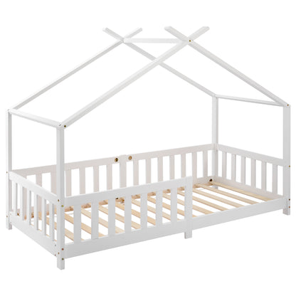 Hausbett 90x200 Weiß, Kinderbett mit Rausfallschutz & Lattenrost, Abenteuerbett Kiefer Massivholz