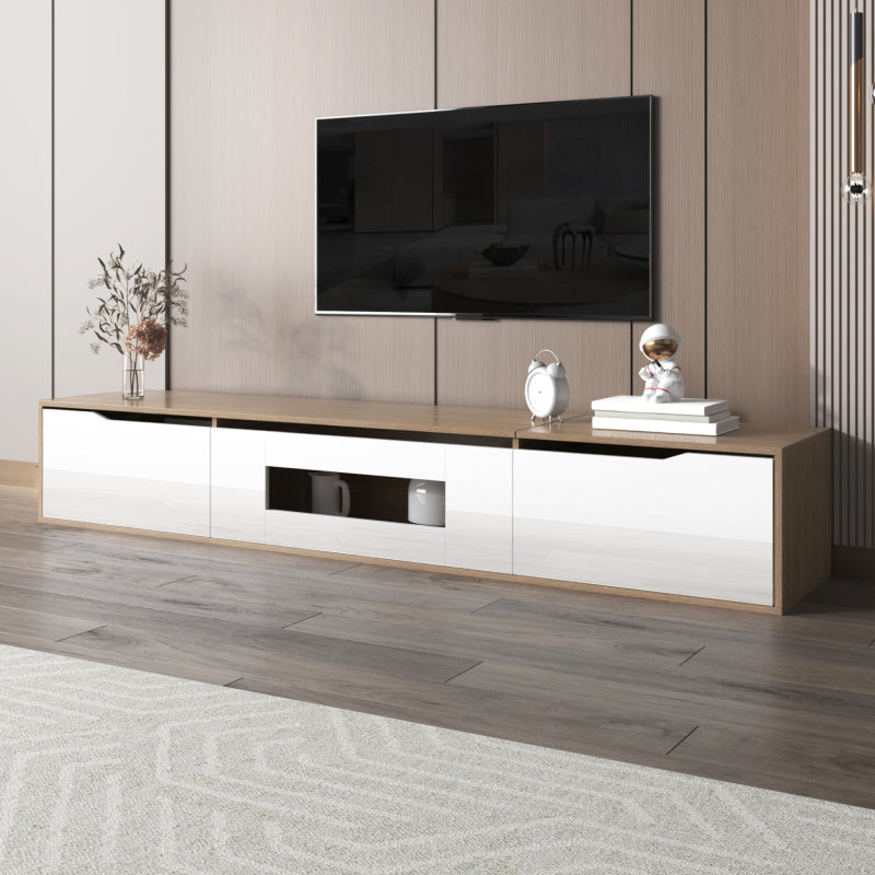 TV-Schrank, Hochglanz-TV-Schrank, farblich passend zu Hochglanz-Weiß und Holzfarbe, mit farbwechselndem LED-Licht.