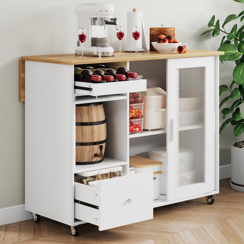 112×46(69)×91cm, klappbarer Kücheninselwagen, Eichenholzfurnier, Weinregal, Schubladen, großer Kücheninselwagen mit Schiebetüren aus gehärtetem Glas und verstellbaren Einlegeböden, mobiler Inselwagen