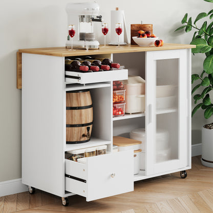 112×46(69)×91cm, klappbarer Kücheninselwagen, Eichenholzfurnier, Weinregal, Schubladen, großer Kücheninselwagen mit Schiebetüren aus gehärtetem Glas und verstellbaren Einlegeböden, mobiler Inselwagen