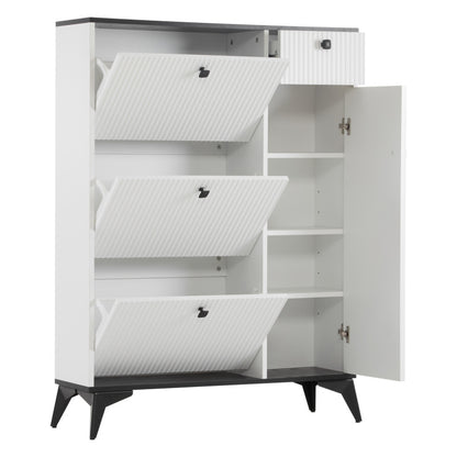 Schuhschrank mit 3 Klappen, 1 Schublade und 1 Tür, Schuhregal, Schuhkipper schmal, Schuhschrank weiß