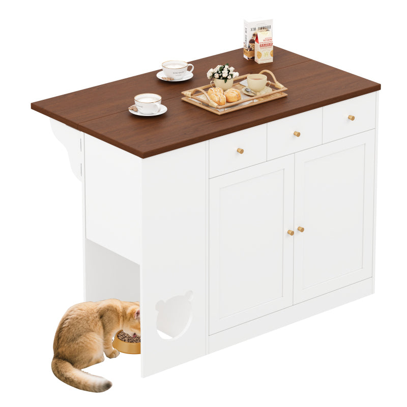 Kücheninsel, Küchenwagen & Sideboard mit Schubladen, Gewürzregal, Haustierfressbereich (ohne Katzensteller), Weiß + Nussbaumfarbe