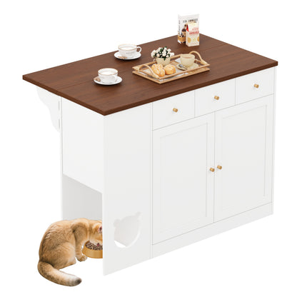 Kücheninsel, Küchenwagen & Sideboard mit Schubladen, Gewürzregal, Haustierfressbereich (ohne Katzensteller), Weiß + Nussbaumfarbe