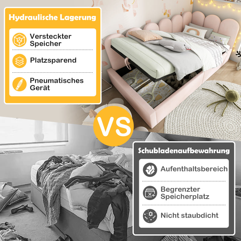 Polsterbett Daybett,Tagesbett Schlafsofa mit hydraulischem Stauraum, Kinderbett mit Metall-Lattenrost, Samt, Rosa, ohne Matratze