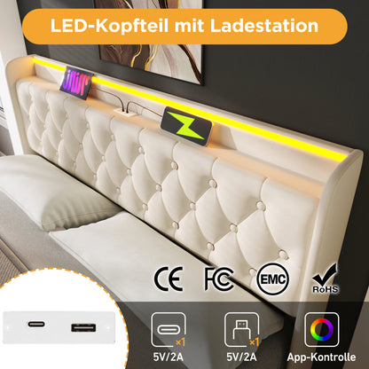 Polsterbett Doppelbett, 360-Surround-LED-Funktion, Drucktaste/App/Fernbedienung, 160*200 cm, weiß PU-Material Hydraulisches Lagerbett, gepolstertes Kopfteil mit USB Typ-C Ladefunktion (Mit Matratze)