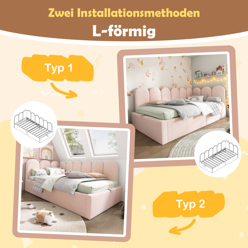 Polsterbett Daybett,Tagesbett Schlafsofa mit hydraulischem Stauraum, Kinderbett mit Metall-Lattenrost, Samt, Rosa, ohne Matratze