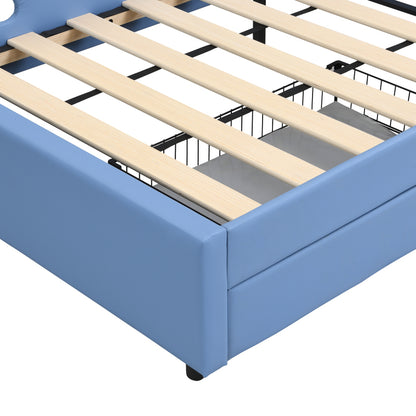 Kinder-Spleißbett, Polsterbett, Tagesbett, Walförmiges Design, Schlafsofa mit Metallbettgestell, 2 Schubladen auf Rollen, PU+MDF+Sperrholz, Blau, 90x200cm